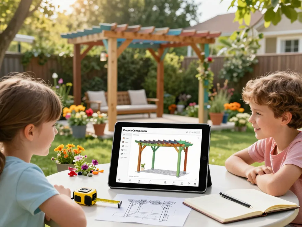 Happy family using a 3D Pergola Configurator to design a custom pergola in their garden.