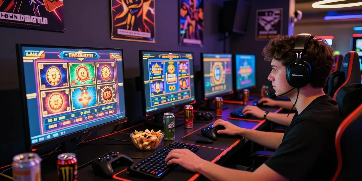 situs depo 5k online gaming scene with vibrant slot games on multiple monitors, showcasing an immersive gambling experience.