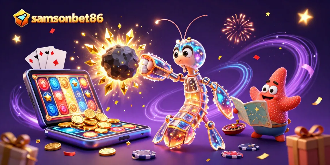 Engage with samsonbet86 in a vibrant, dynamic casino illustration with games, coins, and winners!