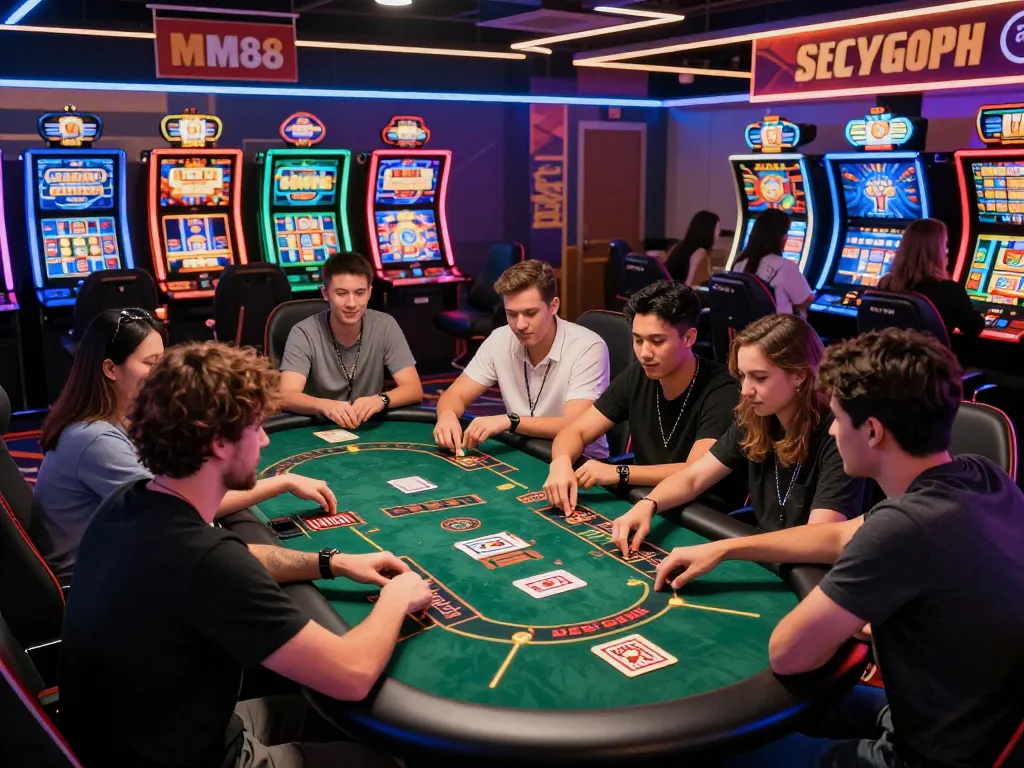 Friends enjoying the excitement of MM88 online casino gaming together in a vibrant digital environment.