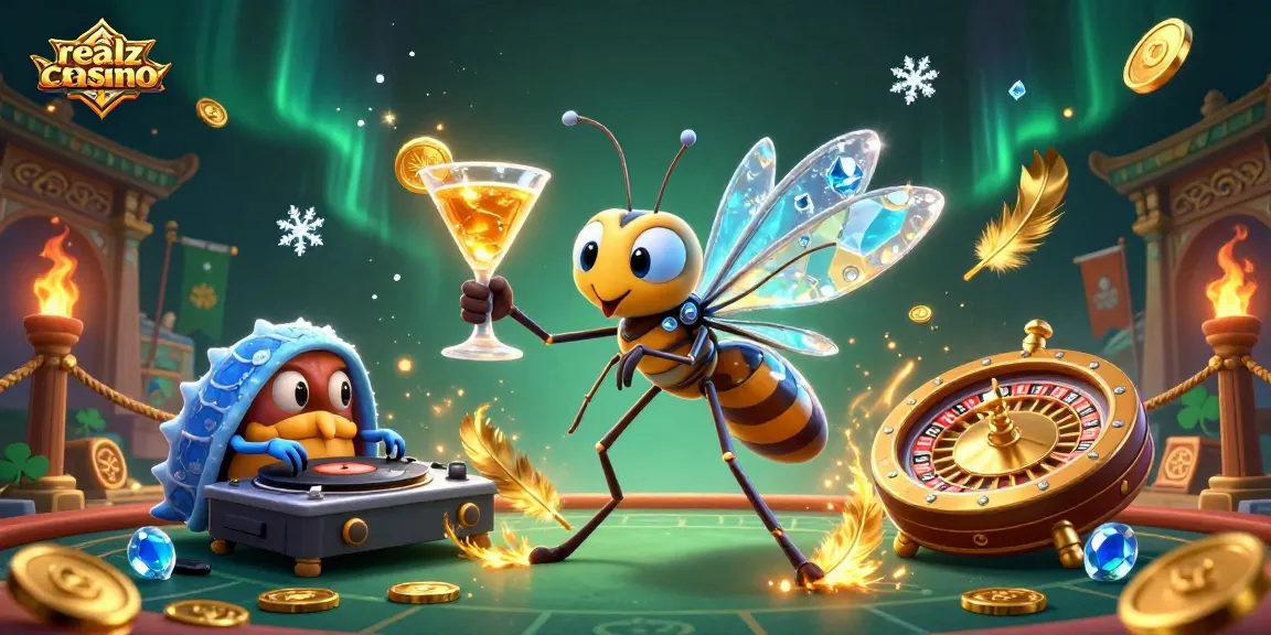 Spiele aufregende Casinospiele bei realzcasino mit lebhaften 3D-Charakteren und goldenen Elementen.