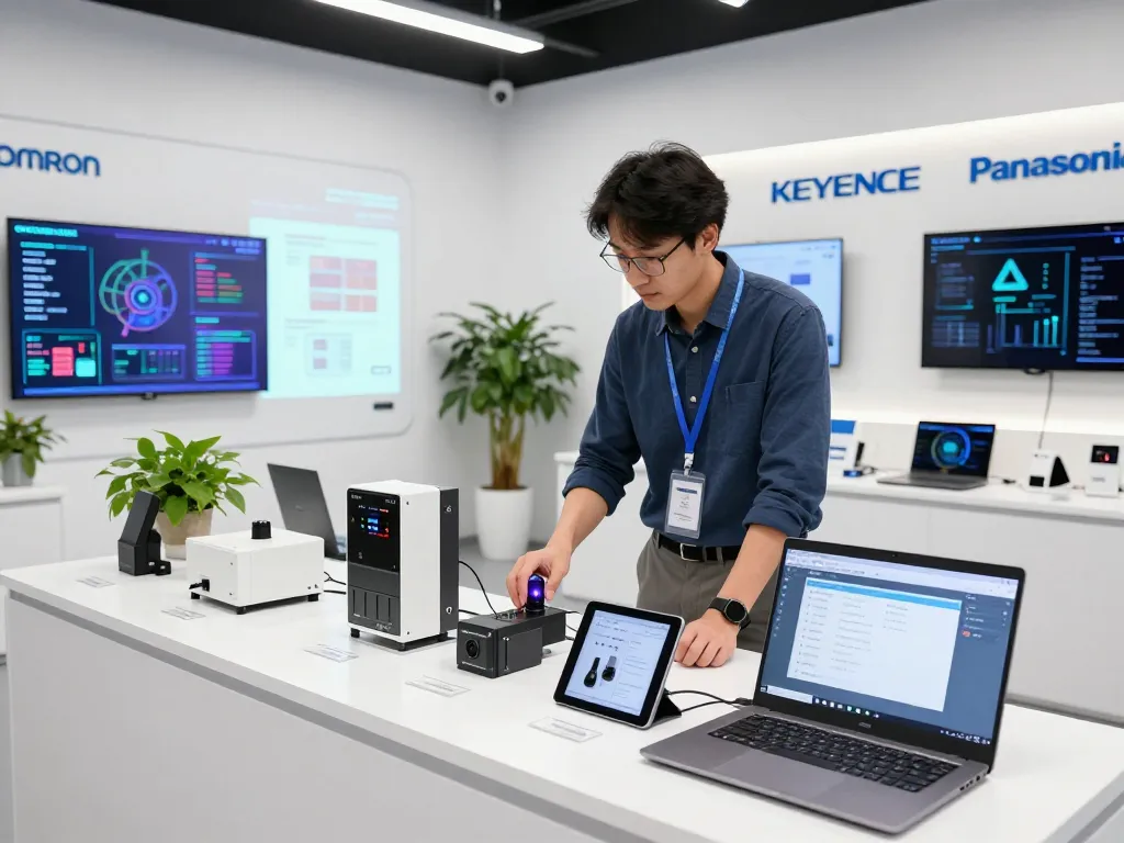 Engineer showcasing Hải Phòng Tech products including PLC and sensors in a modern tech showroom.