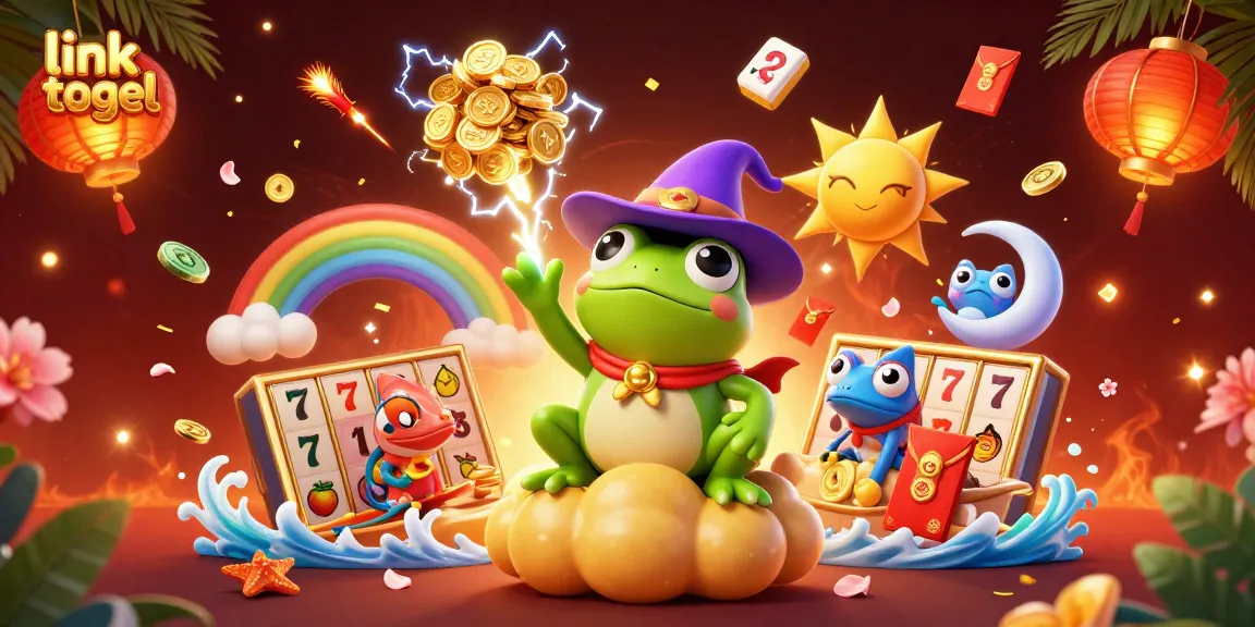 Link togel reveals vibrant casino action with a frog wizard and chameleon amidst golden treasures.