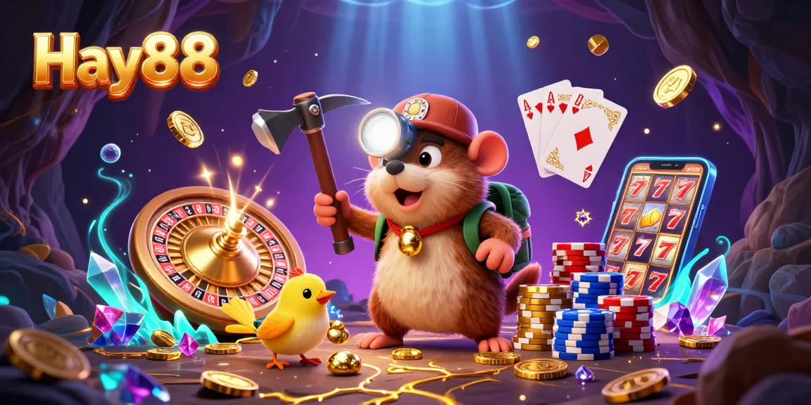 Experience Hay88's adventure with a treasure hunter mole, golden coins, and vibrant casino elements.