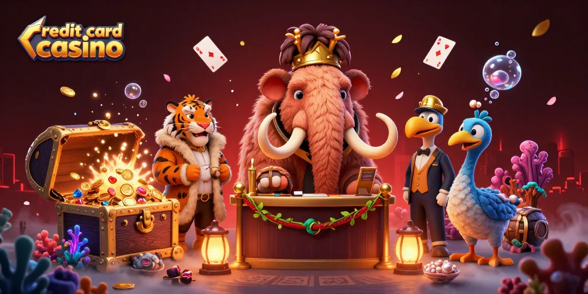 Experience a vibrant credit card casino scene with extravagant characters and shimmering treasures.