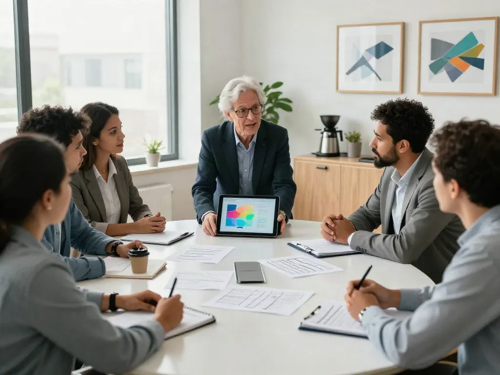 PedroVazPaulo Executive Coaching session with diverse executives discussing leadership strategies in a modern conference room.