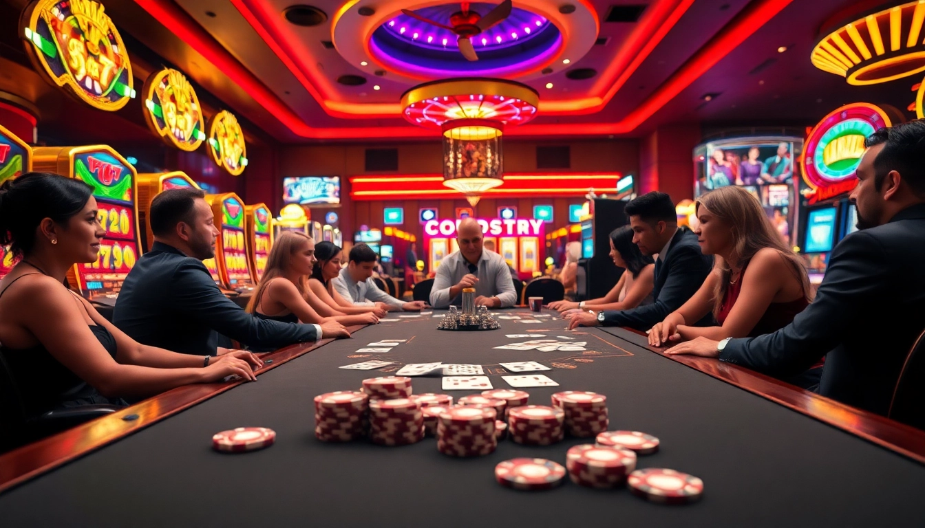 Engaging scene of players at a Non gamstop casino Uk with vibrant atmosphere and colorful lights.