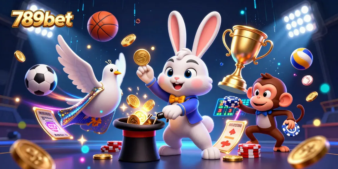 Engage with 789bet's vibrant gaming atmosphere featuring a magician rabbit and exciting sports elements.