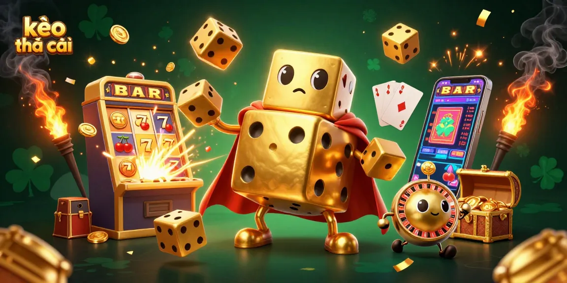 Engage with kèo nhà cái through a lively casino scene featuring a playful golden dice golem and explosive game elements.