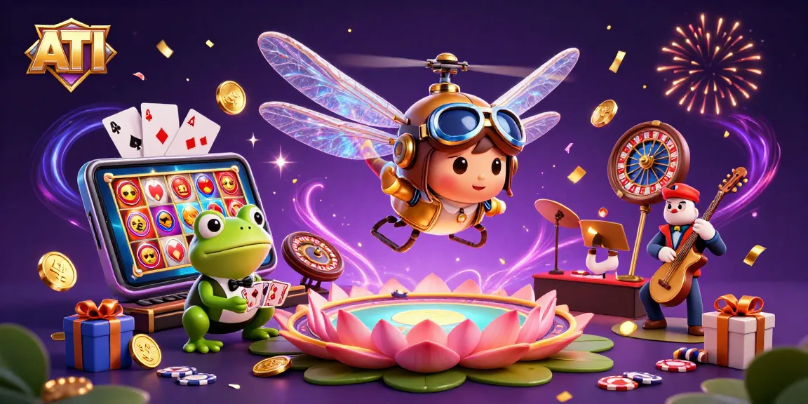 ATI-themed dragonfly pilot and frog croupier enjoying a lily pad casino experience.