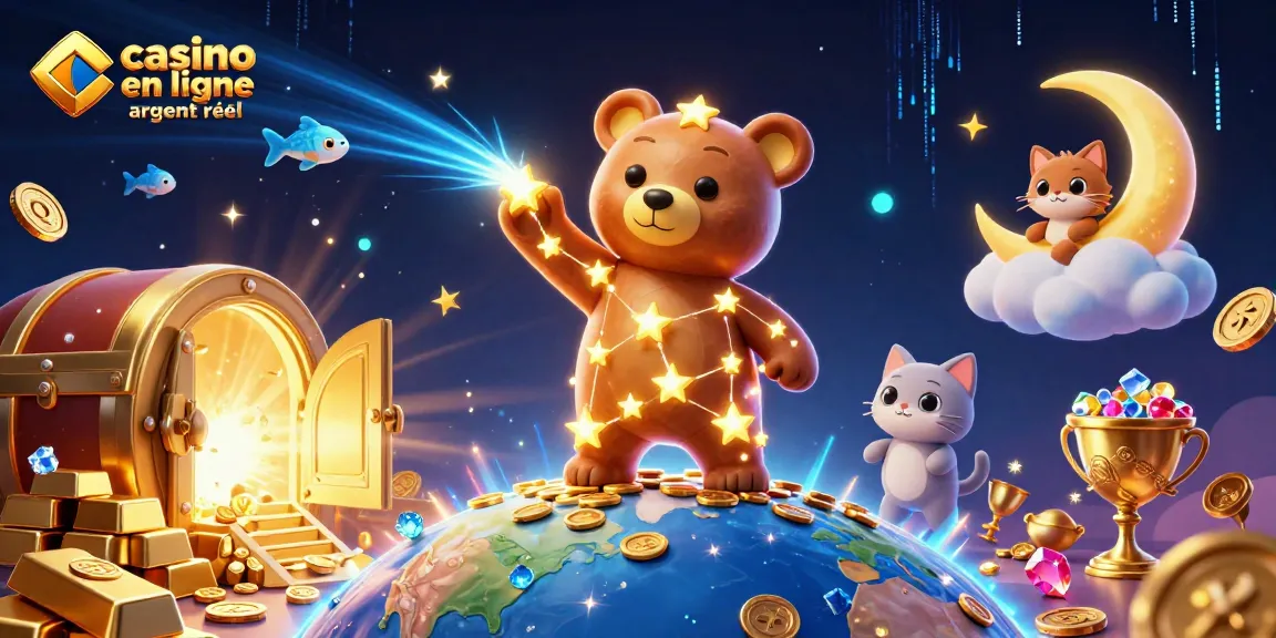 Capturer des gains sur le casino en ligne argent réel avec un ours constellation doré et des éléments de jeu.