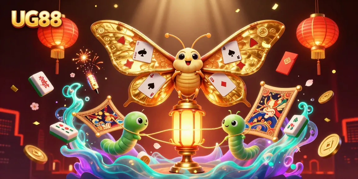 Experience the vibrant world of UG88, showcasing a 3D atlas moth among casino treasures and glowing lanterns.