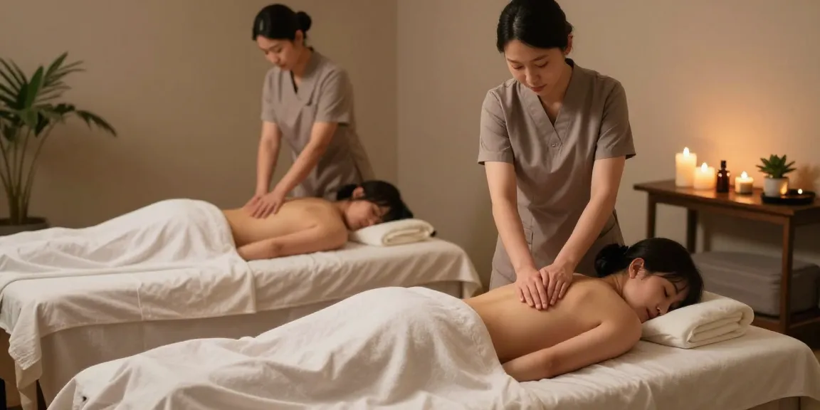 마사지 받는 모습과 아로마 오일이 놓인 마사지 룸의 편안한 분위기