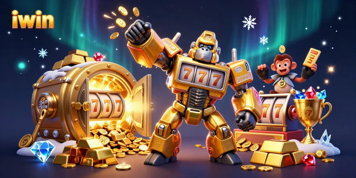 Experience thrilling jackpots at iwin with a dynamic golden gorilla mech amidst slot machines.