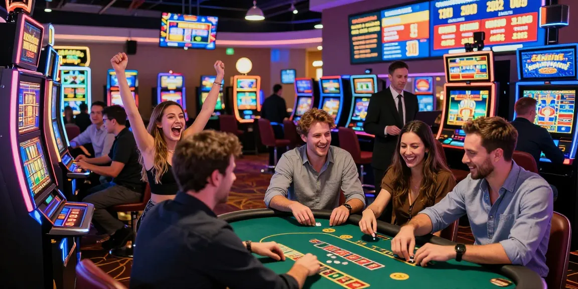 Scène de casino en ligne animée avec des joueurs participant à des jeux, incluant des machines à sous et des tables de poker, créant une ambiance excitante autour du casino en ligne.