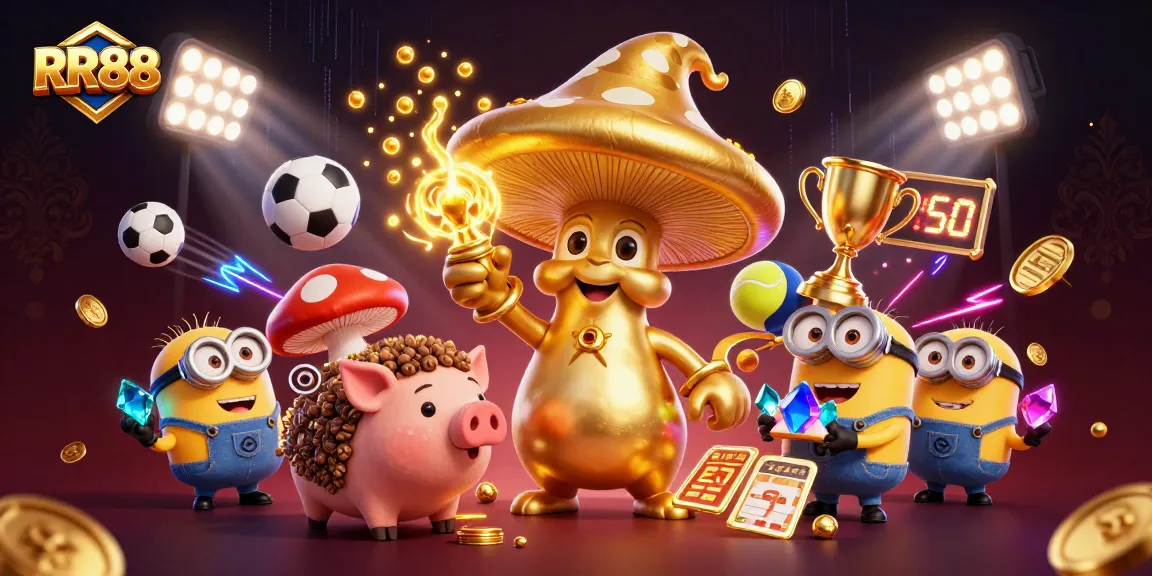 Experience the excitement of RR88 with a vibrant scene filled with gaming elements and characters.