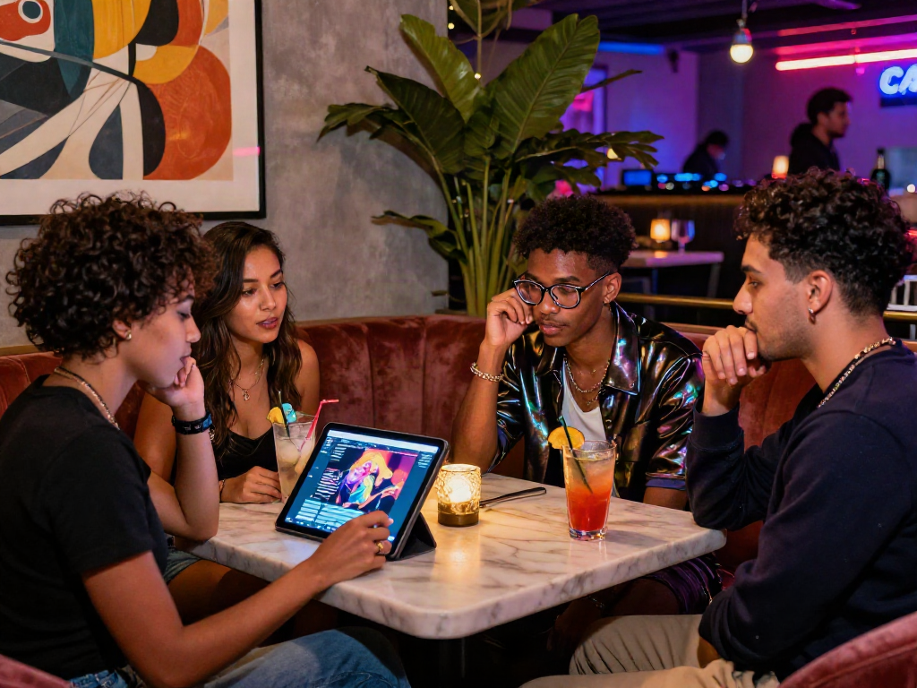 Friends exploring nsfw ai concepts in a vibrant nightlife setting with neon lights.