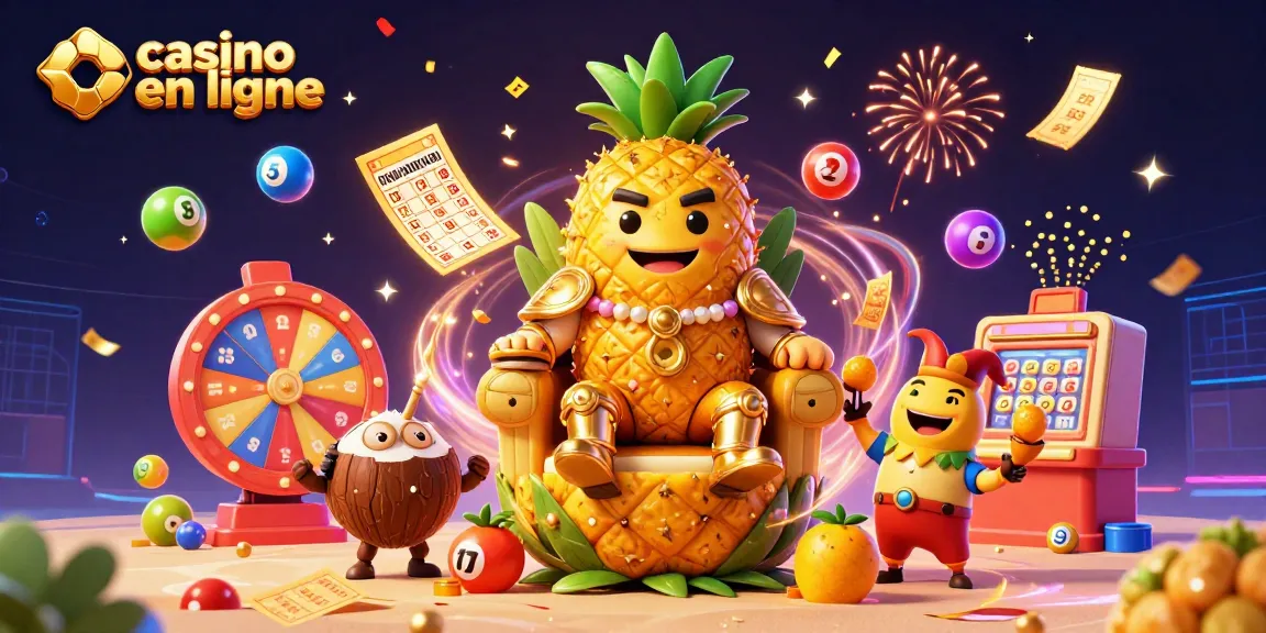 Plongée dans un casino en ligne avec le roi ananas, des gardes noix de coco et un bouffon animant le jeu.