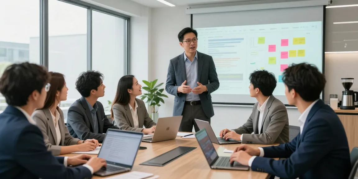 Terry Hui leading a collaborative meeting in a modern office, showcasing teamwork and innovation.