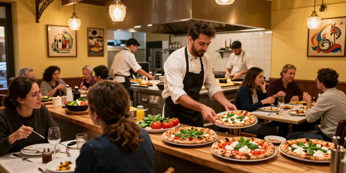 pg soft pizza being served in a lively Italian pizzeria setting with fresh ingredients.