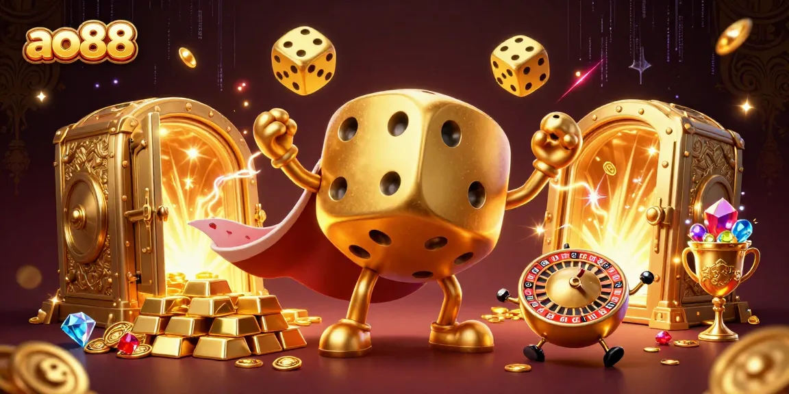 Win big with ao88's vibrant gaming scene featuring captivating dice and treasure elements.