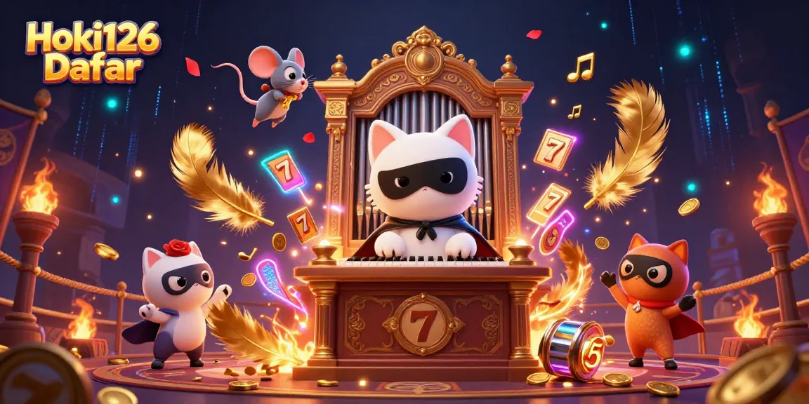 Hoki126 Daftar menampilkan ilustrasi kasino dengan karakter kartun dan elemen slot yang dinamis.