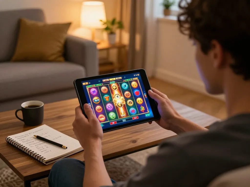 Player enjoying an exciting slot game on a tablet at home, engaged in online gambling strategy.