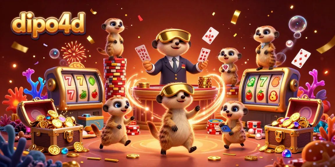 Engage in thrilling games at dipo4d with meerkats running a colorful casino operation amidst vibrant confetti.