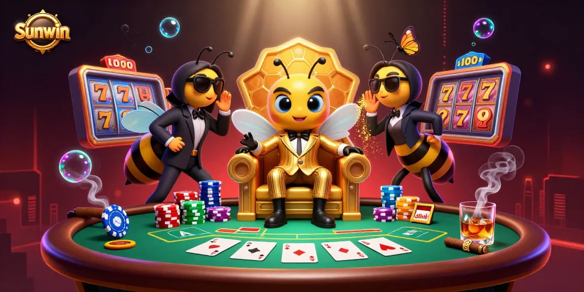Sunwin casino bumblebee mob boss commanding a poker game with vibrant gameplay elements.