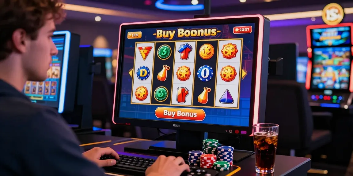 Player enjoying bonus buy slots at an online casino, with vibrant slot reels and a "Buy Bonus" button visible.