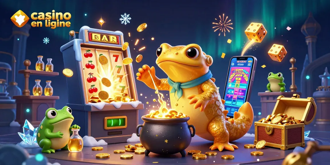 Visualisez un gagnant de casino en ligne avec des pièces dorées et des tirages chanceux dans un laboratoire alchimique.