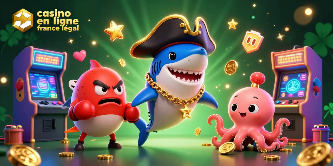 Jouez sur un casino en ligne légal en France avec une illustration de requin pirate et animaux marins lumineux.