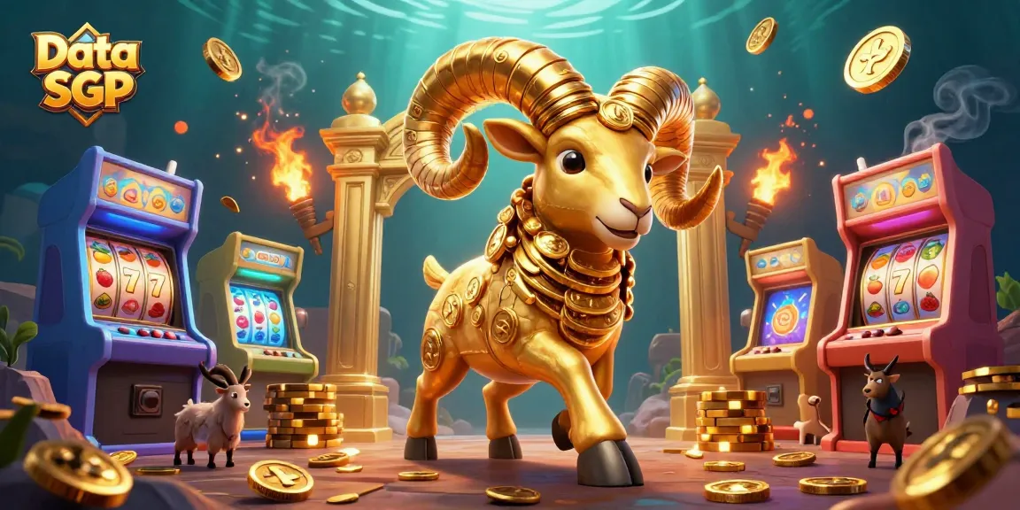 Experience thrilling slot gameplay in Data SGP with a cartoon gold ram charged at a golden gate.