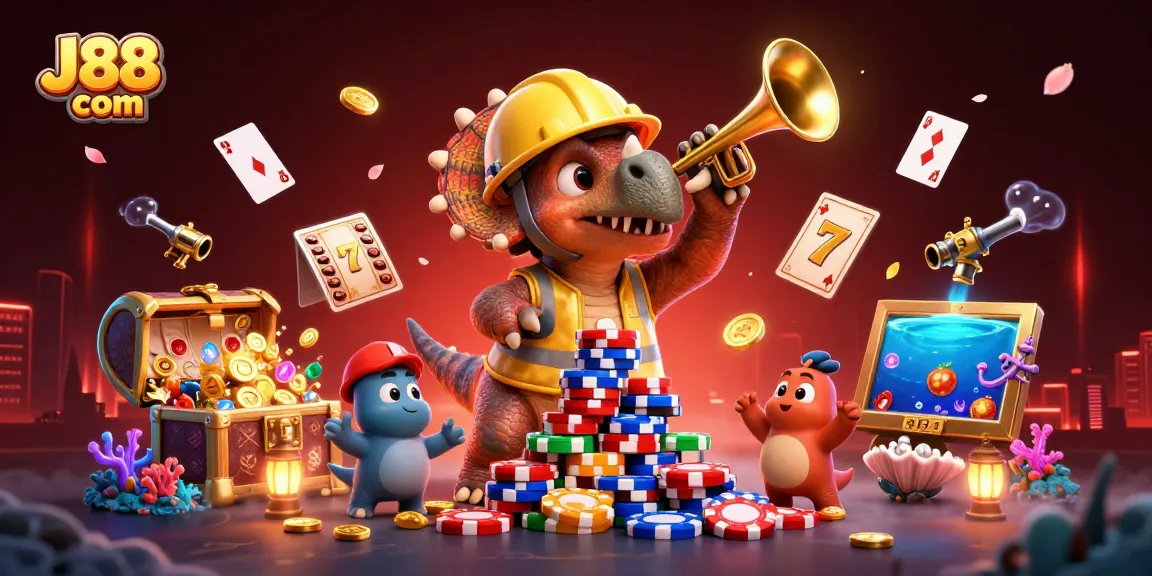 J88 com showcases a vibrant 3D casino scene featuring a triceratops celebrating with poker chips.