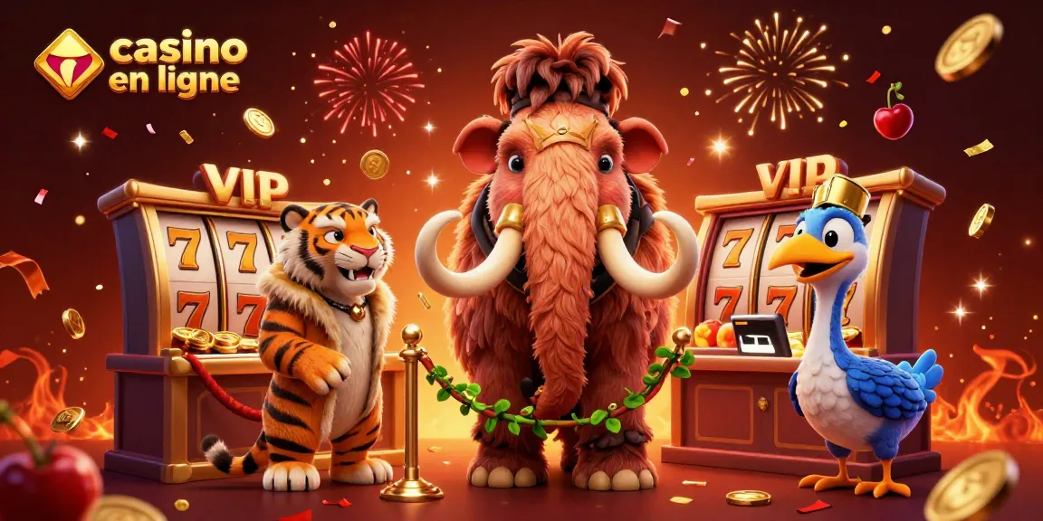 Image illustrant un casino en ligne avec un bouncer mammouth, un VIP tigre et un portier dodo, entourés de thèmes de machines à sous.