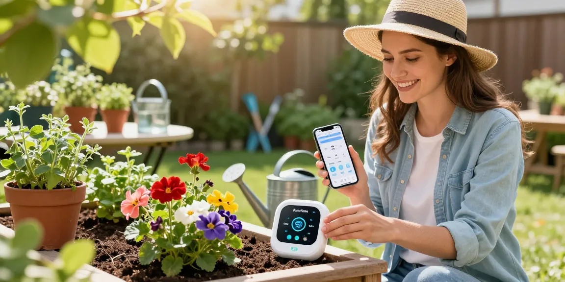 Setting up a rainpoint wifi water timer in a vibrant garden with smartphone and watering can.