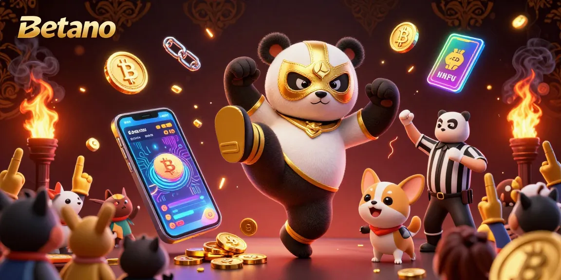 Betano engages players with a lively scene featuring a panda wrestler and crypto elements.