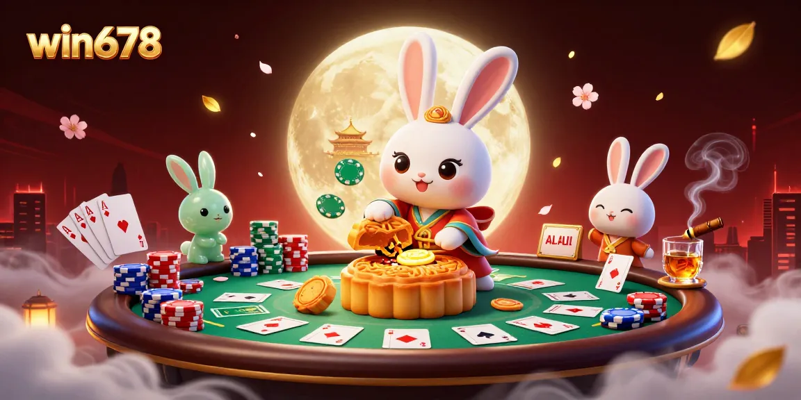 Experience win678's thrilling casino action with a 3D moon rabbit and poker elements.