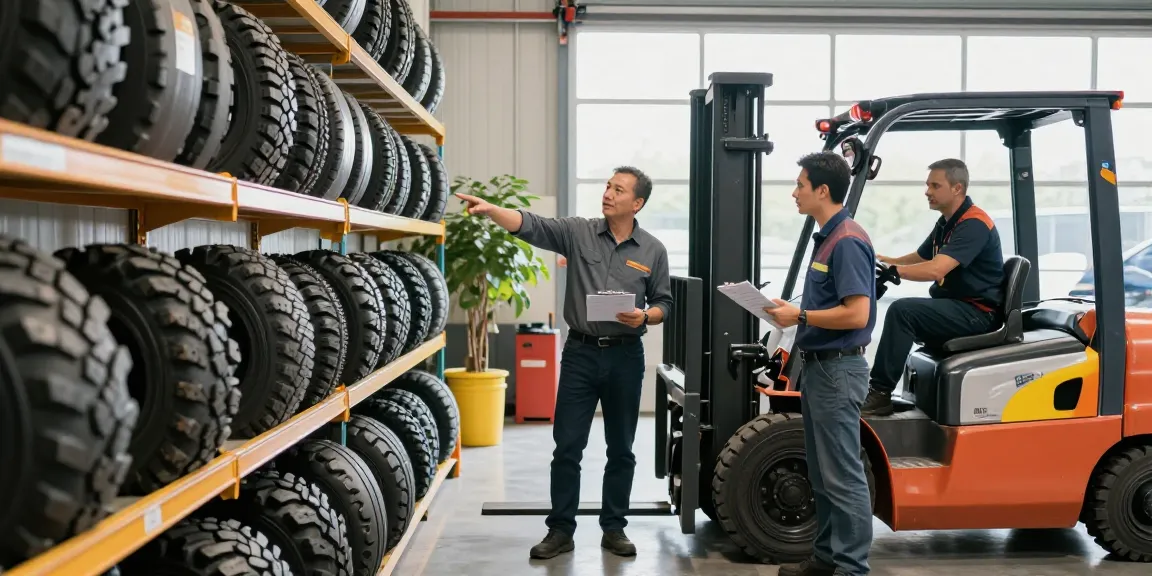 Forklift tyres for sale displayed in a dynamic warehouse setting, showcasing diverse models and busy professionals.