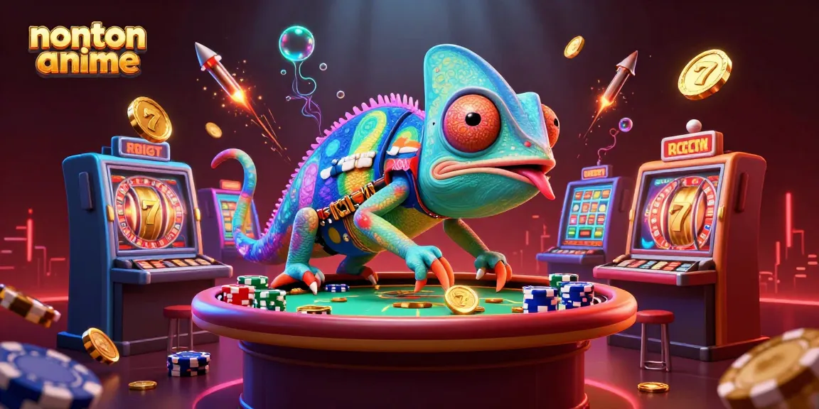 Experience nonton anime action with our vibrant chameleon casino owner amidst glimmering slot reels and golden coins.