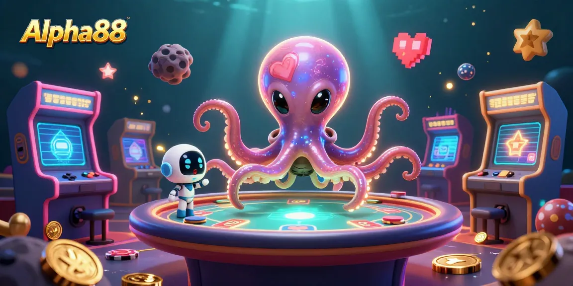 Experience thrilling gameplay with Alpha88 through this vibrant 3D casino illustration featuring an alien octopus.