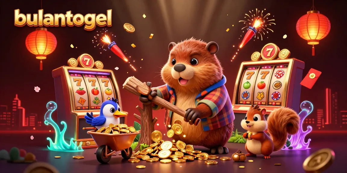 Experience thrilling wins at bulantogel with a vibrant 3D illustration featuring a beaver, bird, and squirrel amidst casino elements.