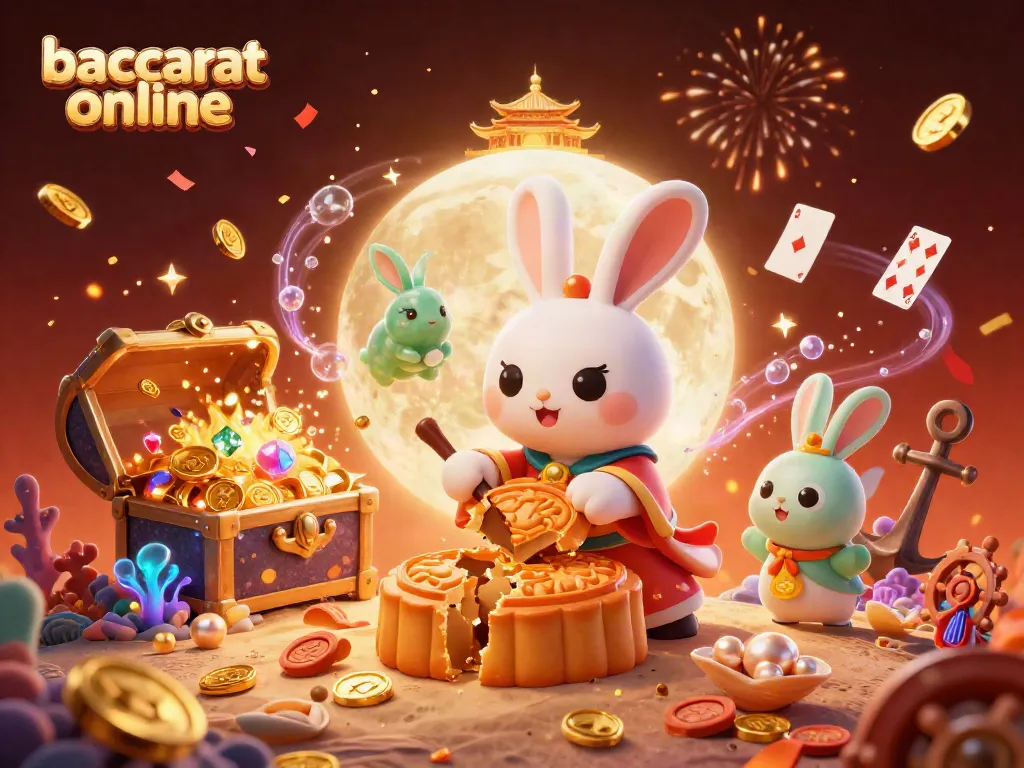 Experience baccarat online with a lively scene featuring magical moon rabbits amidst casino elements.