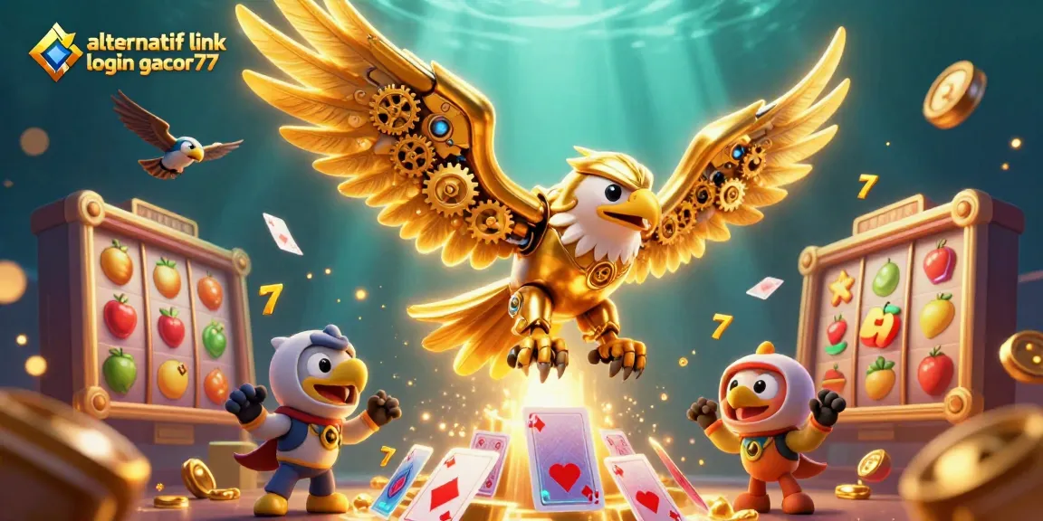 Experience exciting wins with alternatif link login gacor77 surrounded by vibrant slot reels and a golden eagle.