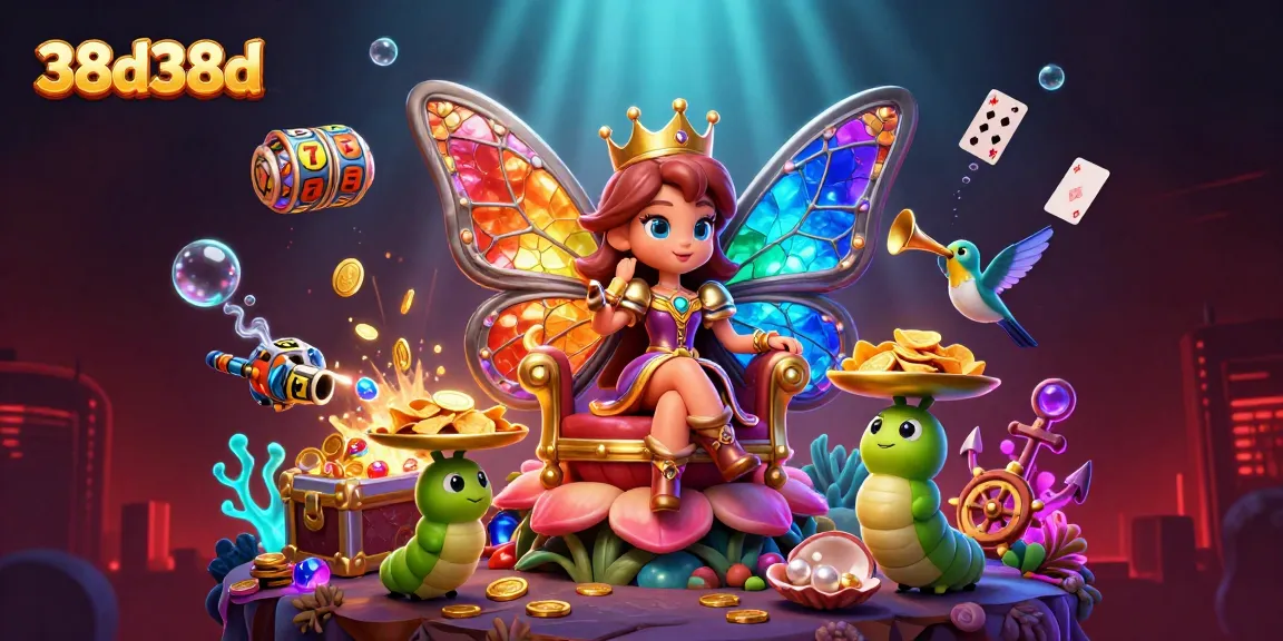 Imagem da rainha borboleta 38d38d em um cassino marinho colorido, repleto de elementos de jogos e luzes bioluminescentes.