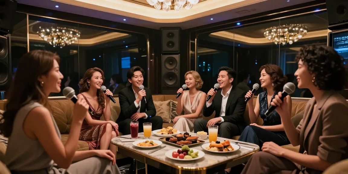 강남쩜오 프리미엄 가라오케 공간에서 고급 음향 설비와 분위기 있는 조명 속에서 파티를 즐기는 사람들 모습
