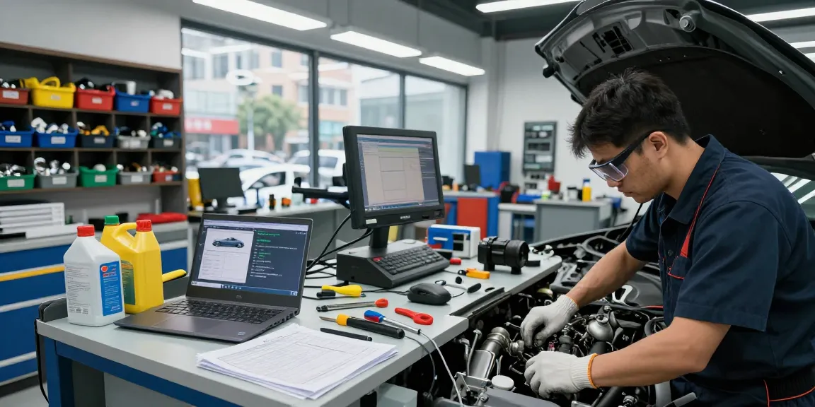 David Vepraskas Atlanta overseeing automotive maintenance in a modern workshop filled with tools and diagnostic equipment.