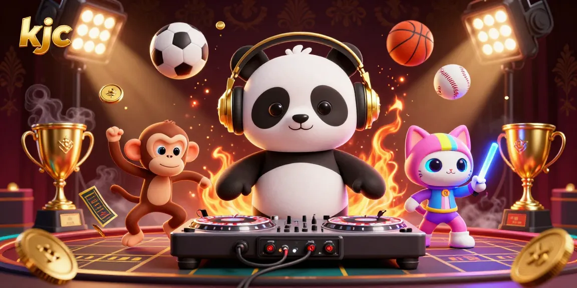 KJC entertains with a 3D DJ panda and friends in a lively casino-themed scene featuring dynamic sports elements.