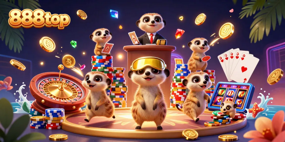 Join the excitement at 888top as meerkats run a vibrant casino scene filled with golden coins and gems.
