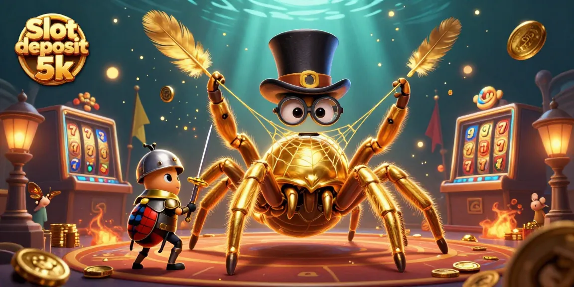 Slot deposit 5k dengan tarantula emas raksasa dan ksatria kecil dalam arena slot yang megah.